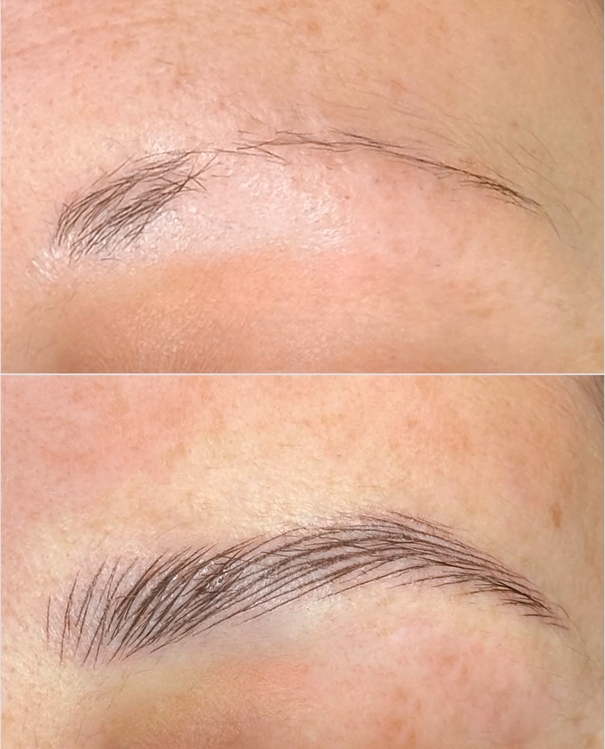 Eyebrow transformation showing before and after microblading